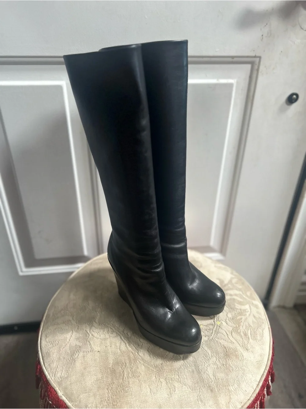 Christian Loubotin Black Tall Smooth chunky wedge platform Leather boots Sz 38